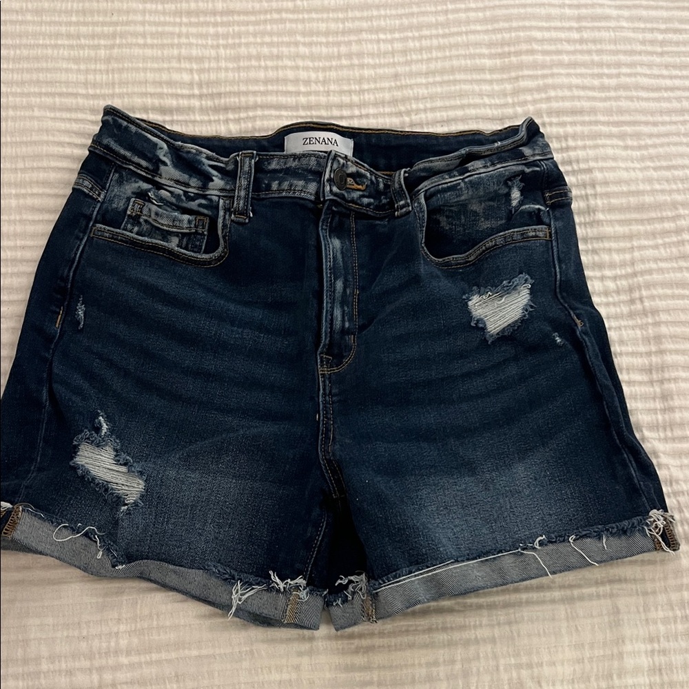 Zenana Outfitters Women's Ripped Jean Shorts - Deep Blue